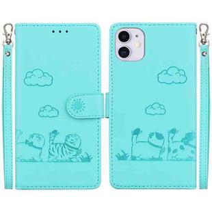 For iPhone 11 Cute Cats RFID Leather Phone Case(Green)