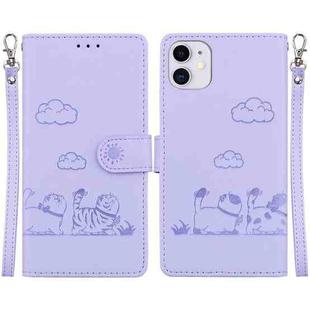 For iPhone 11 Cute Cats RFID Leather Phone Case(Purple)