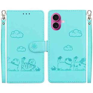 For iPhone 17 Cute Cats RFID Leather Phone Case(Green)