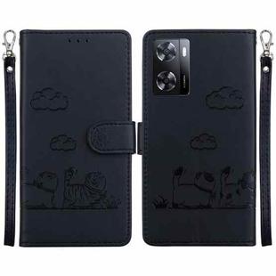 For OPPO A57 5G / A77 5G Cute Cats RFID Leather Phone Case(Black)