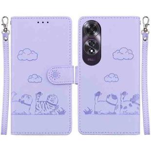 For OPPO A60 4G Cute Cats RFID Leather Phone Case(Purple)