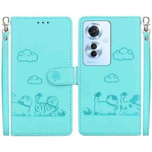 For OPPO Reno11 F Global Cute Cats RFID Leather Phone Case(Green)