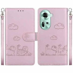 For OPPO Reno11 Global Cute Cats RFID Leather Phone Case(Rose Gold)