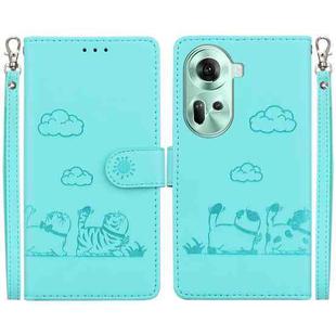 For OPPO Reno11 Global Cute Cats RFID Leather Phone Case(Green)