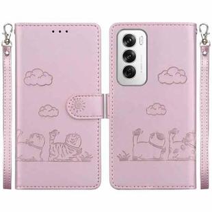 For OPPO Reno12 5G Global Cute Cats RFID Leather Phone Case(Rose Gold)