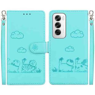 For OPPO Reno12 5G Global Cute Cats RFID Leather Phone Case(Green)