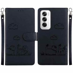 For OPPO Reno12 5G Global Cute Cats RFID Leather Phone Case(Black)