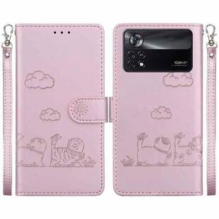 For Xiaomi Poco X4 Pro 5G Cute Cats RFID Leather Phone Case(Rose Gold)