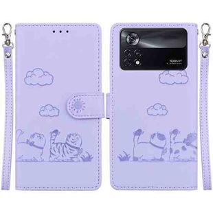 For Xiaomi Poco X4 Pro 5G Cute Cats RFID Leather Phone Case(Purple)