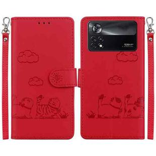 For Xiaomi Poco X4 Pro 5G Cute Cats RFID Leather Phone Case(Red)