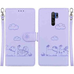 For Xiaomi Poco M2 Cute Cats RFID Leather Phone Case(Purple)