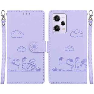 For Xiaomi Poco X5 Pro Cute Cats RFID Leather Phone Case(Purple)