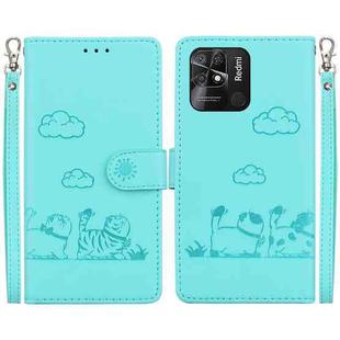 For Redmi 10C Cute Cats RFID Leather Phone Case(Green)