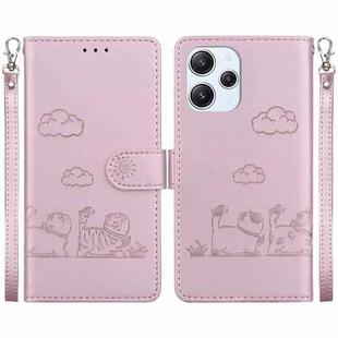 For Redmi 12 4G / 5G Cute Cats RFID Leather Phone Case(Rose Gold)