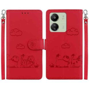 For Redmi 13C 4G / 5G Cute Cats RFID Leather Phone Case(Red)