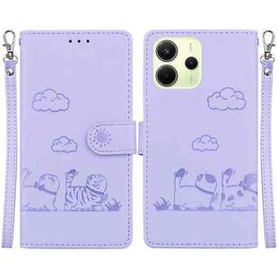 For Redmi Note 14 4G 163.25mm Cute Cats RFID Leather Phone Case(Purple)