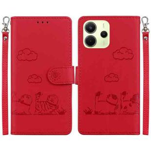 For Redmi Note 14 4G 163.25mm Cute Cats RFID Leather Phone Case(Red)