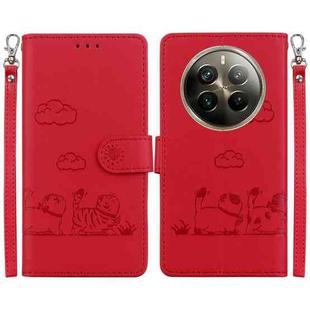 For Realme 12 Pro+ Global Cute Cats RFID Leather Phone Case(Red)