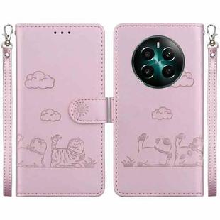 For Realme 12+ Cute Cats RFID Leather Phone Case(Rose Gold)