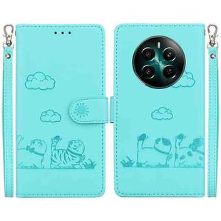 For Realme 12+ Cute Cats RFID Leather Phone Case(Green)