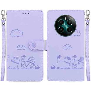 For Realme 12+ Cute Cats RFID Leather Phone Case(Purple)