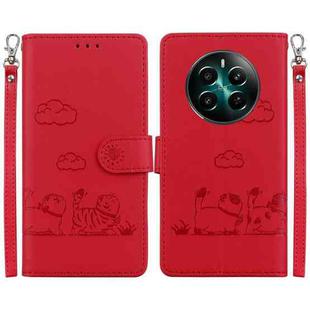 For Realme 12+ Cute Cats RFID Leather Phone Case(Red)