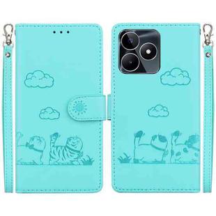 For Realme C53 Cute Cats RFID Leather Phone Case(Green)