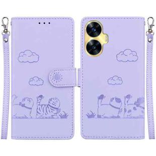 For Realme C55 Cute Cats RFID Leather Phone Case(Purple)