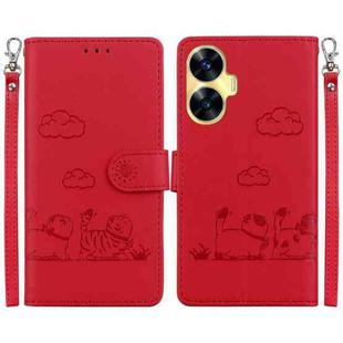 For Realme C55 Cute Cats RFID Leather Phone Case(Red)