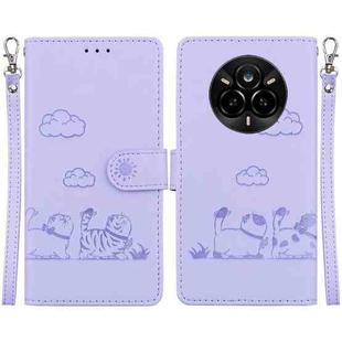For Realme 14 Pro Cute Cats RFID Leather Phone Case(Purple)