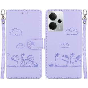 For Realme 14 Cute Cats RFID Leather Phone Case(Purple)