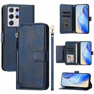 For Samsung Galaxy S21 Ultra 5G Multi-Card Slots Zipper Wallet Leather Phone Case(Blue)