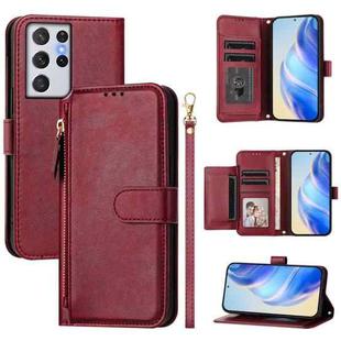 For Samsung Galaxy S21 Ultra 5G Multi-Card Slots Zipper Wallet Leather Phone Case(Dark Red)