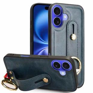 For iPhone 16 Plus Wristband Leather Back Phone Case(Blue)