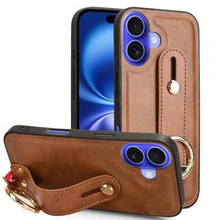 For iPhone 16 Plus Wristband Leather Back Phone Case(Brown)