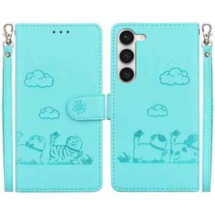 For Samsung Galaxy S23 5G Cute Cats RFID Leather Phone Case(Green)