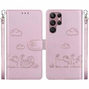 For Samsung Galaxy S22 Ultra 5G Cute Cats RFID Leather Phone Case(Rose Gold)