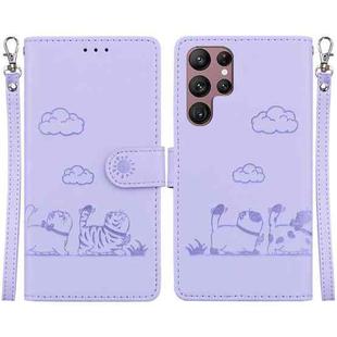 For Samsung Galaxy S22 Ultra 5G Cute Cats RFID Leather Phone Case(Purple)