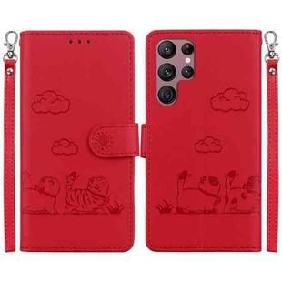 For Samsung Galaxy S22 Ultra 5G Cute Cats RFID Leather Phone Case(Red)