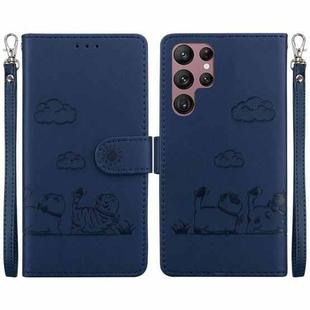 For Samsung Galaxy S22 Ultra 5G Cute Cats RFID Leather Phone Case(Blue)