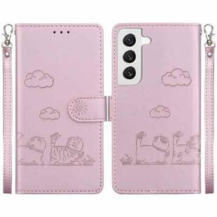 For Samsung Galaxy S22 5G Cute Cats RFID Leather Phone Case(Rose Gold)