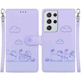 For Samsung Galaxy S21 Ultra 5G Cute Cats RFID Leather Phone Case(Purple)