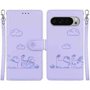 For Google Pixel 9 / 9 Pro Cute Cats RFID Leather Phone Case(Purple)