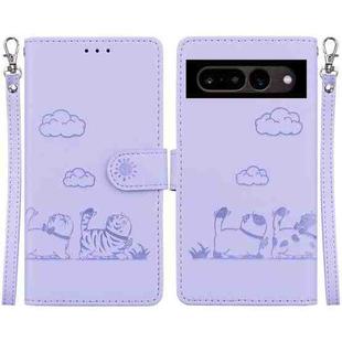 For Google Pixel 7 Cute Cats RFID Leather Phone Case(Purple)