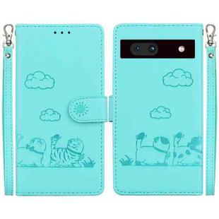 For Google Pixel 7a Cute Cats RFID Leather Phone Case(Green)