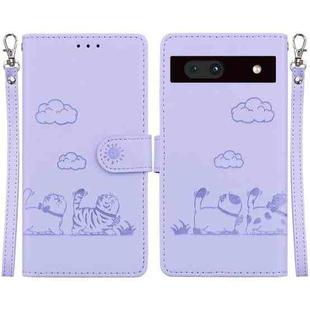 For Google Pixel 7a Cute Cats RFID Leather Phone Case(Purple)