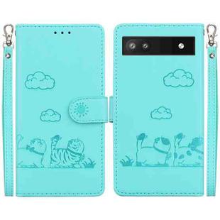 For Google Pixel 6a Cute Cats RFID Leather Phone Case(Green)