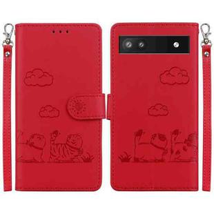 For Google Pixel 6a Cute Cats RFID Leather Phone Case(Red)