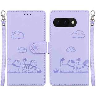 For Google Pixel 9a Cute Cats RFID Leather Phone Case(Purple)