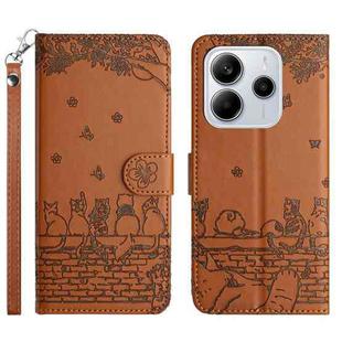 For Redmi Note 14 4G 163.25mm Cat Embossing Pattern Leather Phone Case with Lanyard(Brown)
